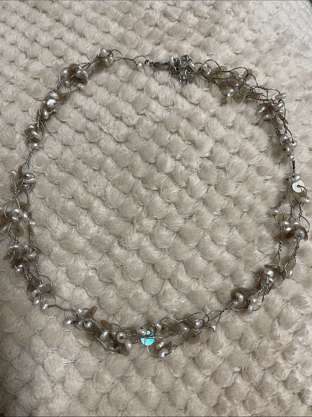 Delicate seed Pearl and Sequin Sterling Wire Necklace -new